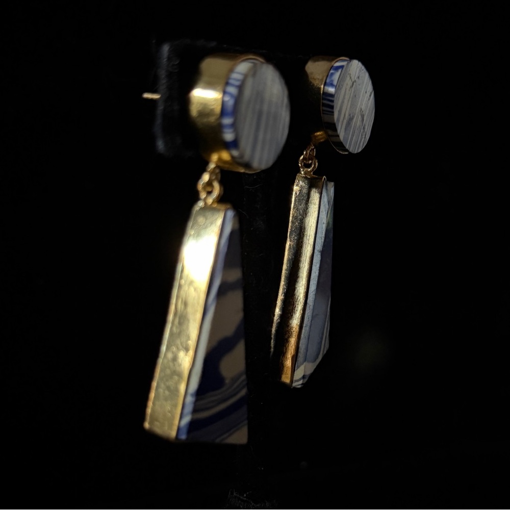 Blue and White Patterned Triangle Gold Border Dangling Statement Post Earrings - Picture 11 of 16